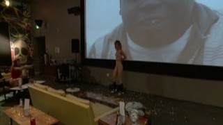 Blonde dom tormented in public theater