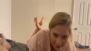 Horny blonde sucks cock and swallow cum